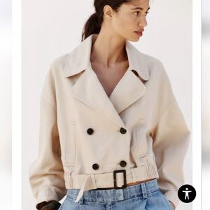 ZARA LONG SLEEVE DOUBLE BREASTED ELASTIC HEM MOTO CROPPED JACKET CREAM SZ SMALL